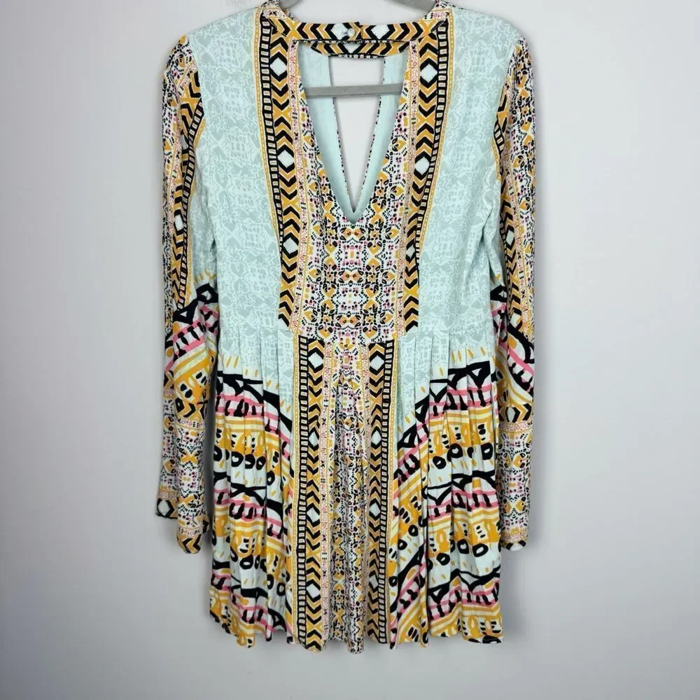 FREE PEOPLE | Teagan Boho Mini Dress Blue Yellow Pink Print Women’s Size 4